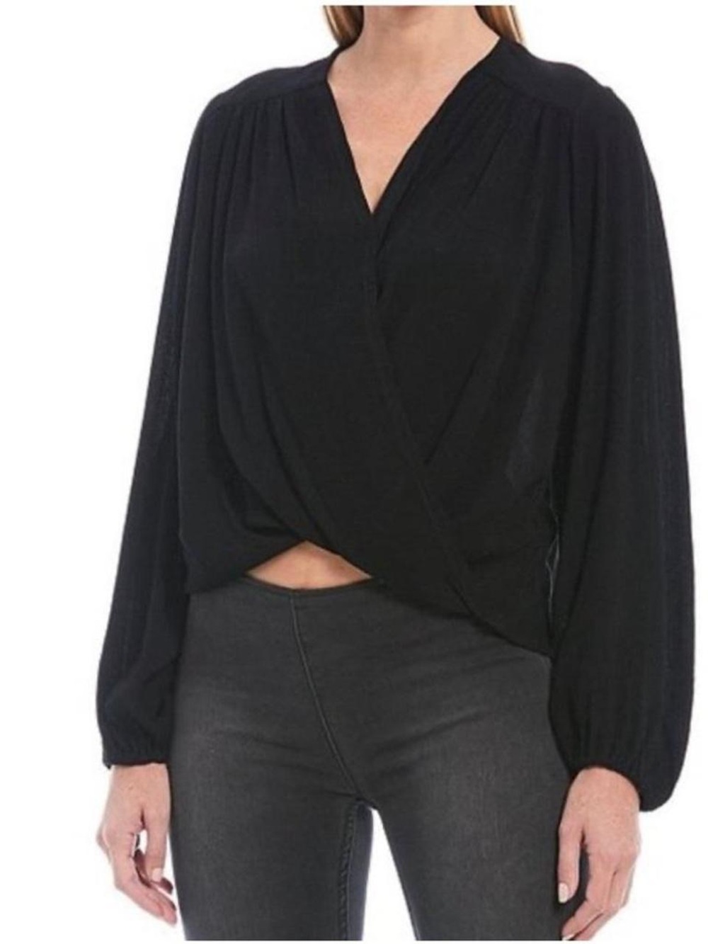 Free People Black Surplice Long-Sleeve Draped Blouse
